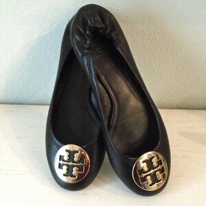 Tory Burch Black Flats with Gold Logo
